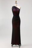 One Shoulder Black Pink Sheath Lång brudtärna klänning med slits