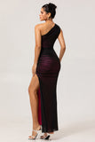 One Shoulder Black Pink Sheath Lång brudtärna klänning med slits