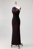 One Shoulder Black Pink Sheath Lång brudtärna klänning med slits