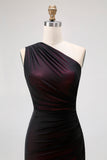 One Shoulder Black Pink Sheath Lång brudtärna klänning med slits