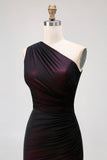 One Shoulder Black Pink Sheath Lång brudtärna klänning med slits