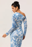 One Shoulder Slida Blå Blomma Långärmad Brudtärna Klänning med slits