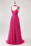 Fuchsia A Line Konvertibel Chiffong Brudtärna Klänning med slits