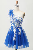 Royal Blue A-linjeformad One Shoulder Tyll Homecoming Klänning med Snörning Upp Tillbaka