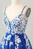 Royal Blue A-linje Spaghetti Straps Tyll Kort Homecoming Klänning med Snörning Upp Tillbaka