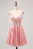 A-linjeformad Tyll Rodnande Paljetter Backless Kort Homecoming Klänning med Beading