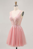 A-linjeformad Tyll Rodnande Paljetter Backless Kort Homecoming Klänning med Beading