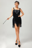 Svart paljett Gatsby Bodycon Kort 1920-talsklänning med fransar