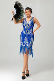 Royal Blue Paljett Gatsby Kort 1920-talsklänning med fransar