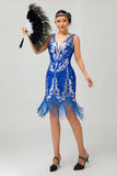 Royal Blue Paljett Gatsby Kort 1920-talsklänning med fransar