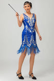 Royal Blue Paljett Gatsby Kort 1920-talsklänning med fransar