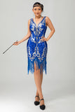 Royal Blue Paljett Gatsby Kort 1920-talsklänning med fransar
