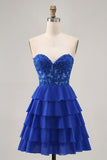 Axelbandslös A-linje Tiered Korsett Royal Blue Homecoming Klänning med Beading