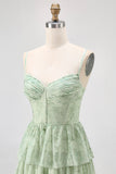 Dusty Sage En linje Korsett Tiered Chiffong Lång Brudtärna Klänning Med Slits