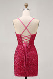 Glittrande Paljetter Fuchsia Spaghetti Remmar Kort Tight Homecoming Klänning