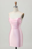 Rodnande Rosa Bodycon Spaghetti Straps Kort Homecoming Klänning med Snörning Upp Tillbaka