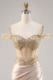 Off the Shoulder Korsett Bodycon Champagne Homecoming Klänning med Paljetter