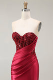 Axelbandslös Pärlprydd Sjöjungfruröd Lång Balklänning med Slits