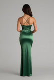 Mörkgrön Spaghetti Straps Satin Mermaid Lång Brudtärna Klänning