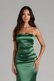 Mörkgrön Spaghetti Straps Satin Mermaid Lång Brudtärna Klänning