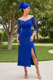Royal Blue Off the Shoulder 3/4 ärm Klänning för brudens mor med spets