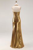 Guld Halter Metallic Rynkad Lång Aftonklänning med Slits