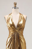 Guld Halter Metallic Rynkad Lång Aftonklänning med Slits
