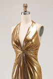 Guld Halter Metallic Rynkad Lång Aftonklänning med Slits