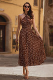 Brun Chiffong A-linje Halter Tea Längd Polka Dots Klänning