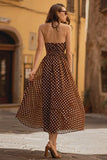 Brun Chiffong A-linje Halter Tea Längd Polka Dots Klänning