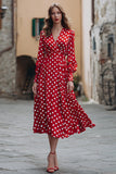 Röd och vit Chiffong V-ringad A-linje Långärmad Polka Dots Klänning