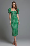 Grön Satin Fyrkantig hals Slida Tea Längd Polka Dots Klänning