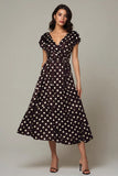 Mörkbrun V-ringad Satin A-linje Telängd Polka Dots Klänning