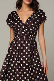 Mörkbrun V-ringad Satin A-linje Telängd Polka Dots Klänning
