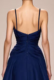 Mörkblå Spaghetti Straps Satin A-linje aftonklänning