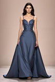 Gråblå A-linjeformad Satin Spaghetti Straps Lång Aftonklänning med Appliques