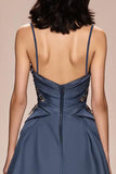 Gråblå A-linjeformad Satin Spaghetti Straps Lång Aftonklänning med Appliques