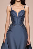 Gråblå A-linjeformad Satin Spaghetti Straps Lång Aftonklänning med Appliques