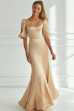 Champagne Mermaid Satin Lång Formell Klänning Med Korta Ärmar