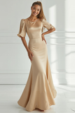 Champagne Mermaid Satin Lång Formell Klänning Med Korta Ärmar