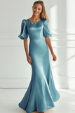 Champagne Mermaid Satin Lång Formell Klänning Med Korta Ärmar