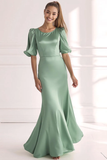 Champagne Mermaid Satin Lång Formell Klänning Med Korta Ärmar