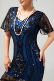 Svart Blå Paljett Fringe Scoop Neck 1920-talet Klänning med 5-Delat Tillbehörsset