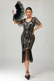 Glittrande Flapper Svart Gyllene Paljett Bodycon Fransade 1920-talet Klänning