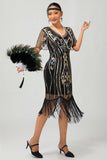 Glittrande Flapper Svart Gyllene Paljett Bodycon Fransade 1920-talet Klänning