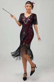 Flapper Vinröd Paljett Bodycon Fransade 1920-talet Klänning