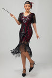 Glittrande Flapper Svart Gyllene Paljett Bodycon Fransade 1920-talet Klänning