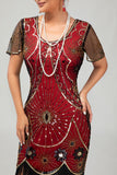 Paljett Fringed Scoop Neck Svart Röd 1920-talet Klänning med 5 Piece Accessory Set