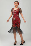 Paljett Fringed Scoop Neck Svart Röd 1920-talet Klänning med 5 Piece Accessory Set