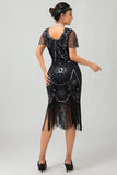 Gatsby Svart Röd Scoop Fransad Bodycon1920-talet Klänning med Paljetter